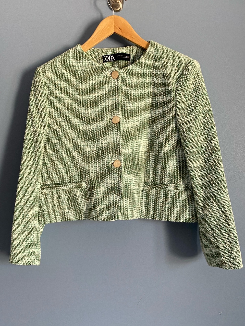 Zara Light Green Tweed Cropped Blazer